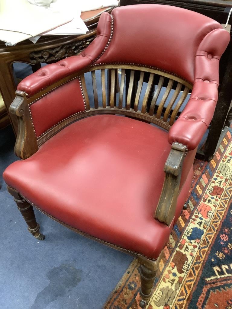 A late Victorian mahogany tub framed library chair, width 62cm, depth 80cm, height 90cm